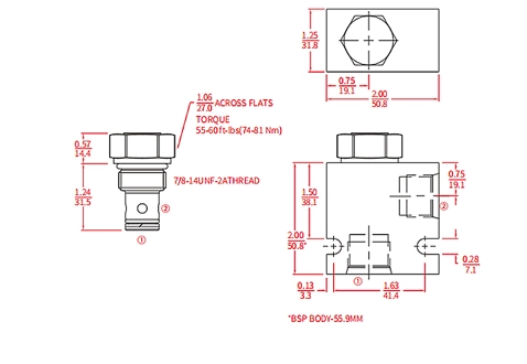 Ytelse/dimensjon/seksjonsstegning av ICV10-C20-kugleventil, kontrollventil