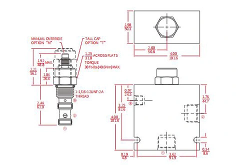 Ytelse/dimensjon/seksjonsmessig tegning av IEP12-S35-pilotert logisk elementventil